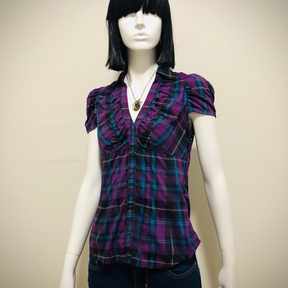 Express • Plaid V-neck Top • Purple